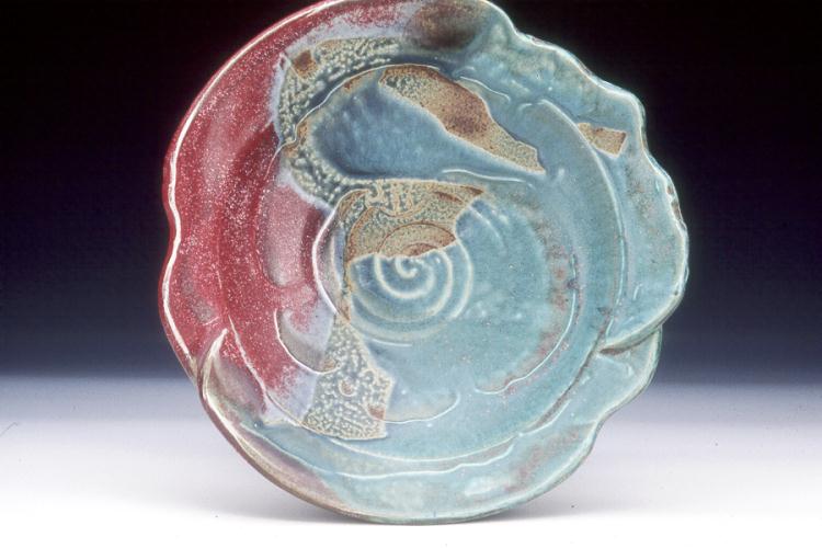 Stoneware high fire platter with teal and burgundy glaze.